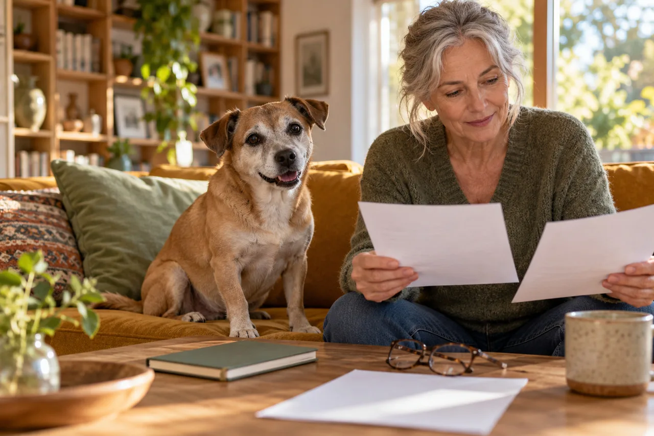 Owner reviewing two documents beside a dog on a sofa